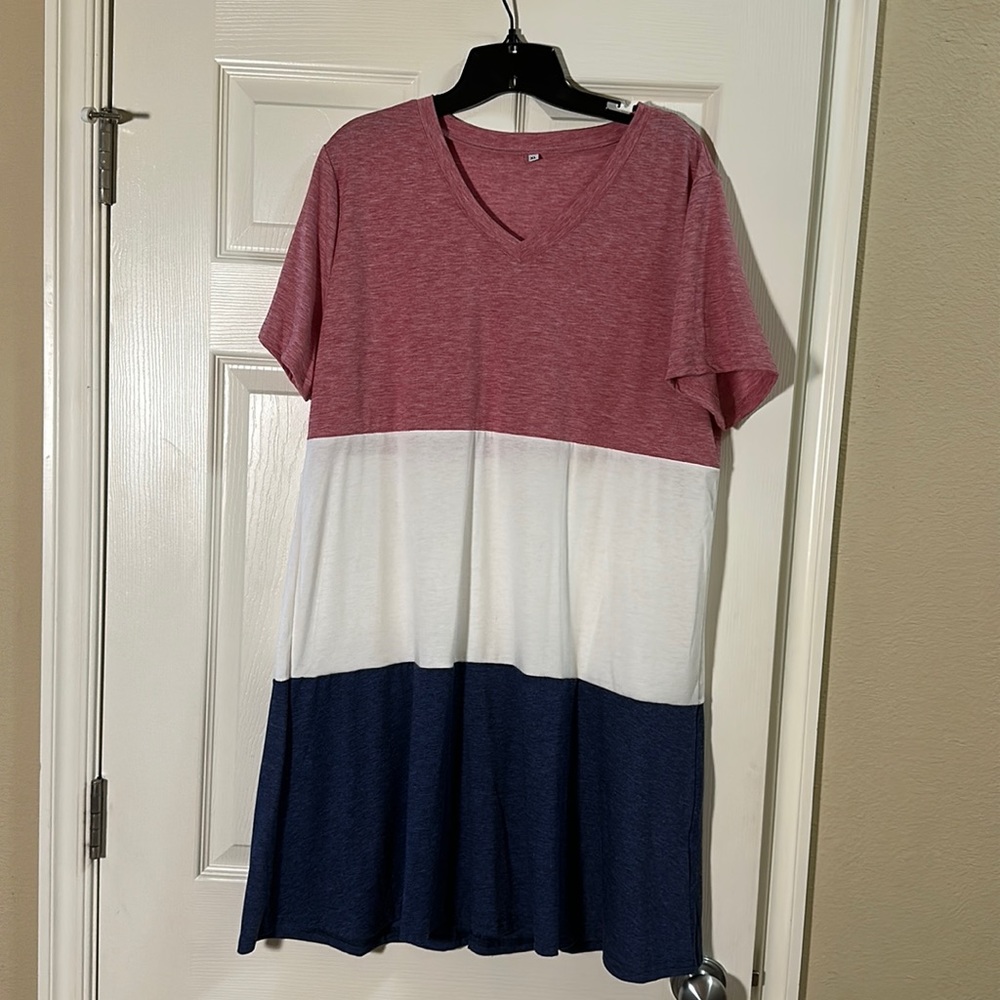 Pink, white, and blue striped short sleeve dress